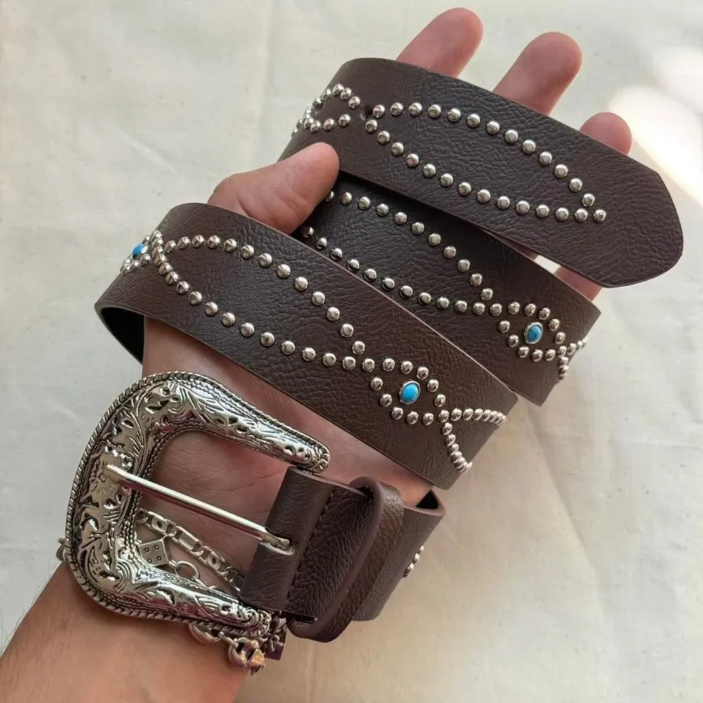 y2k style brown american western studded design belt